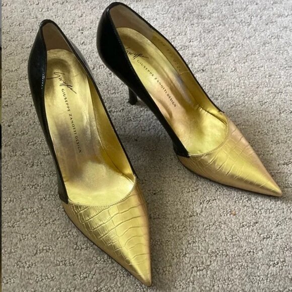 GIUSEPPE ZANOTTI black & gold stiletto heels, 37.5. - Picture 1 of 16